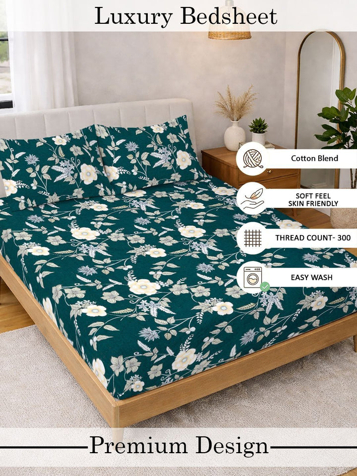 Myntra Elegant Homes Green & White Floral 300 TC King Cadar dengan 2 Sarung Bantal