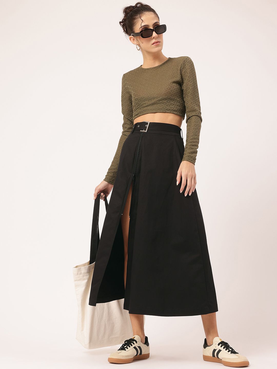 DressBerry Luxe Line Belted Midi A-line Skirt with Zip-Detail