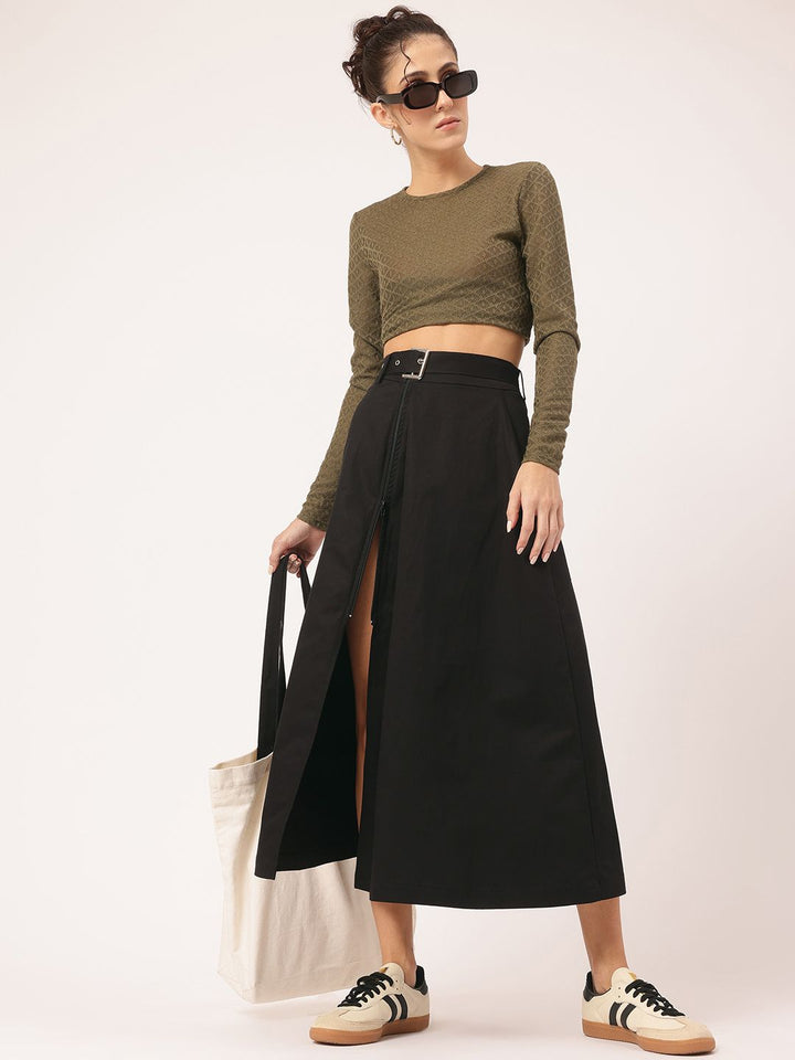 DressBerry Luxe Line Belted Midi A-line Skirt with Zip-Detail