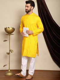 Anouk Leheriya Mirror Sequined Mandarin Collar Pure Cotton Kurta With Churidar