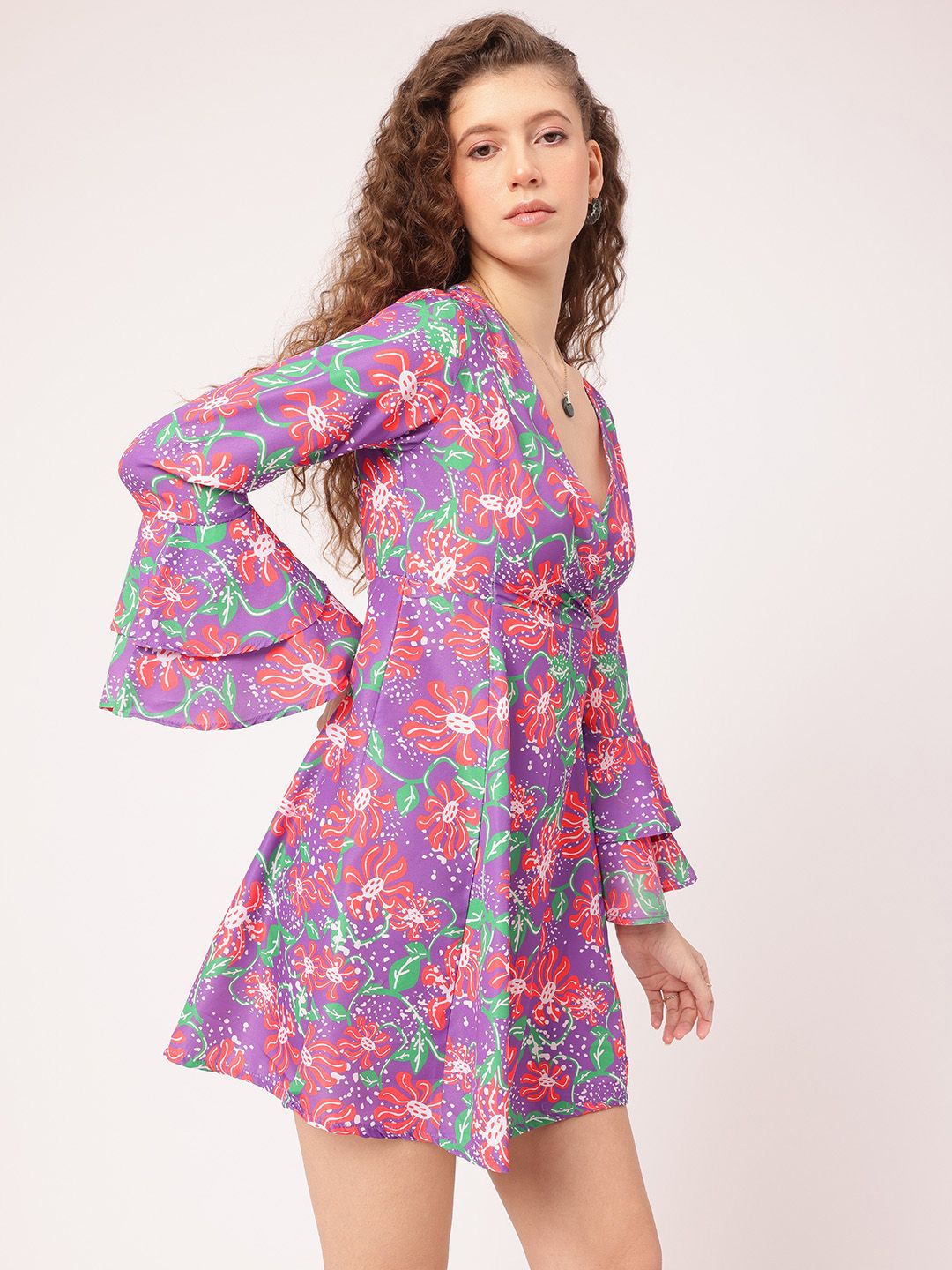 DressBerry Sweet Swirls Printed Bell Sleeve Mini A-line Dress