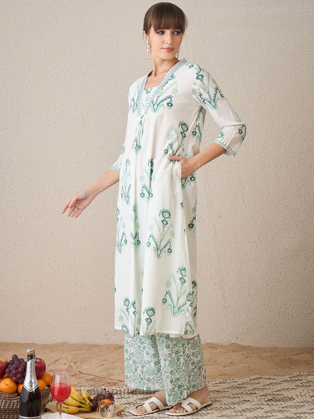 Indo Era Women Floral Printed Regular Sequinned Pure Cotton Kurta with Palazzos