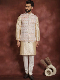 Anouk Men Mandarin Collar Geometic Printed Kurta With Pyjama & Embroidered Nehru Jacket