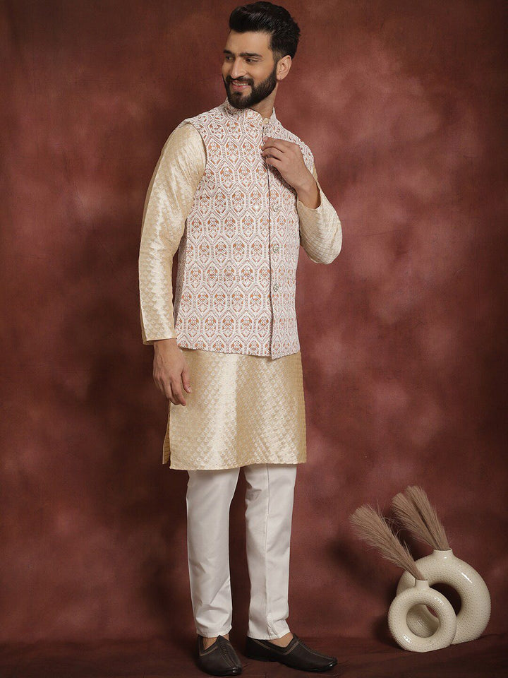 Anouk Men Mandarin Collar Geometic Printed Kurta With Pyjama & Embroidered Nehru Jacket