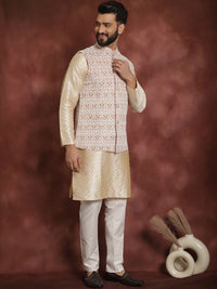 Anouk Men Mandarin Collar Geometic Printed Kurta With Pyjama & Embroidered Nehru Jacket
