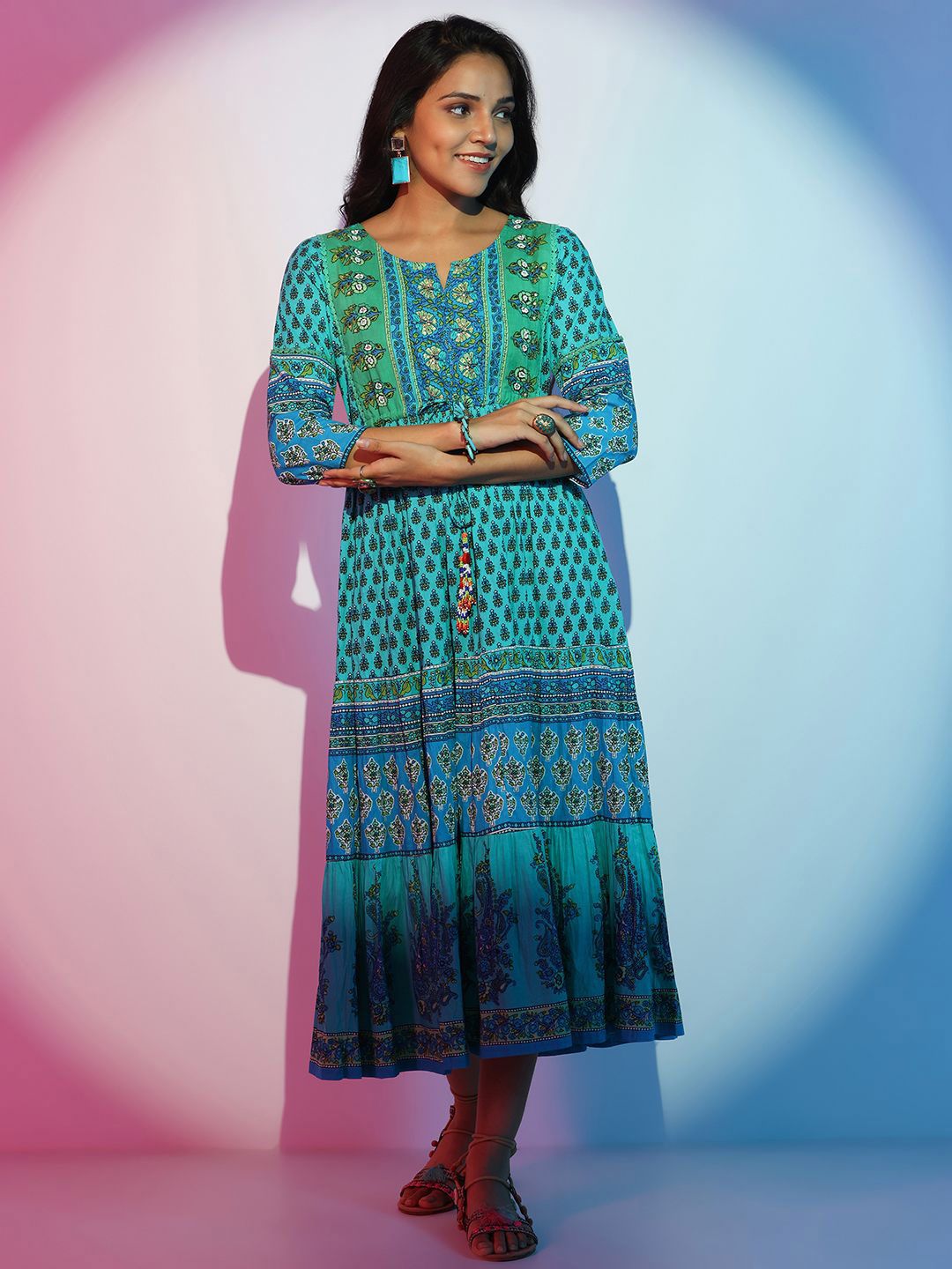 Libas Women Floral Printed Layered Fit & Flare Cotton Midi Dress