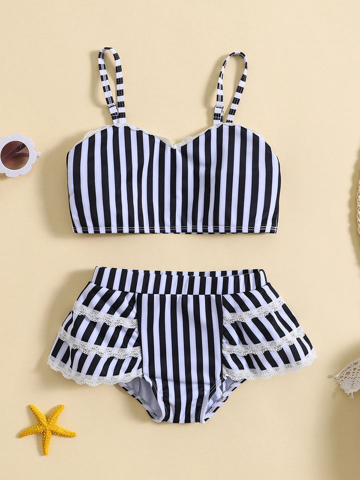 YK Girls Striped Shoulder Straps Swim Bikini Set