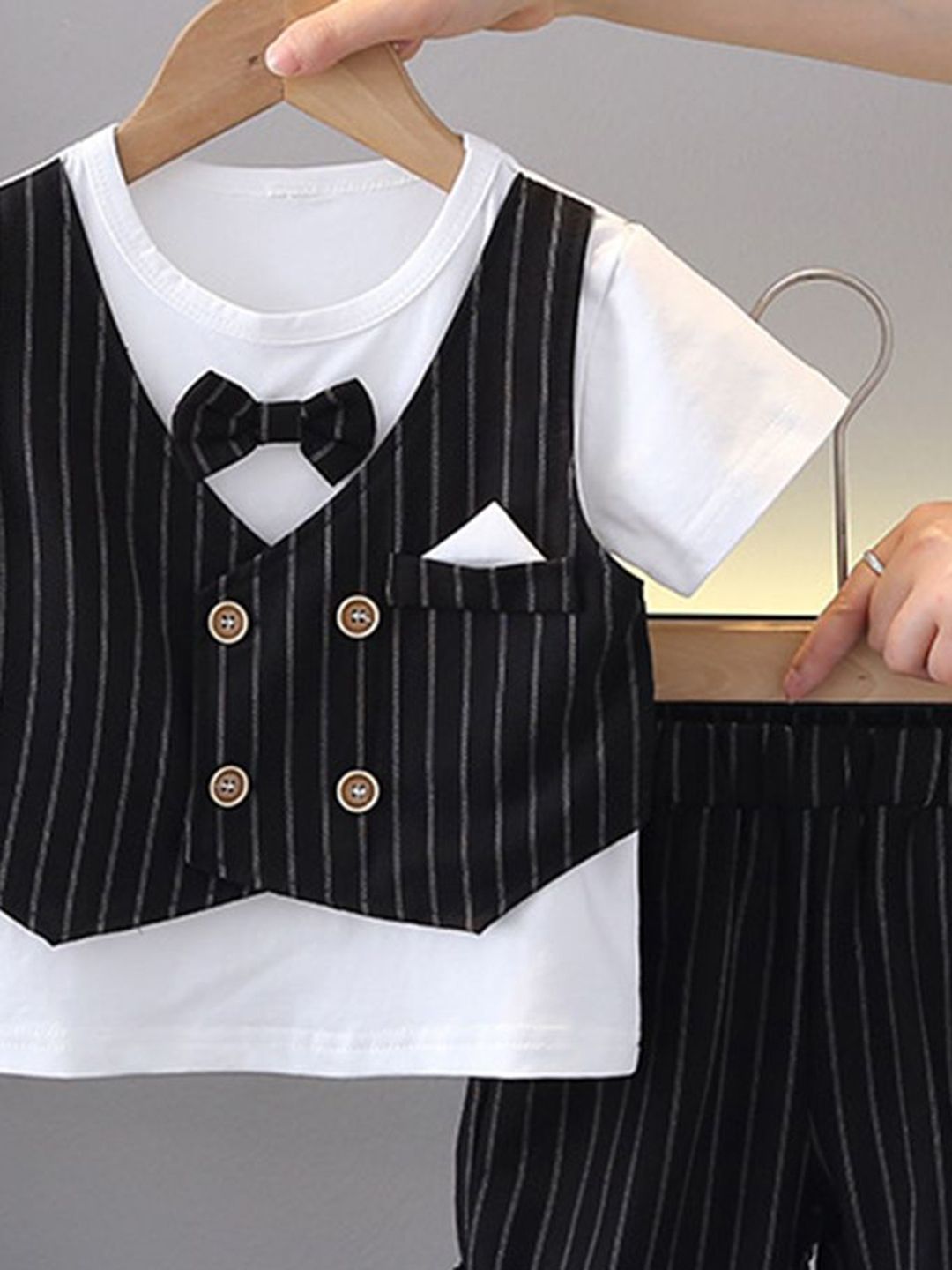 YK Boys Striped Round Neck T-shirt With Attached Waistcoat & Shorts