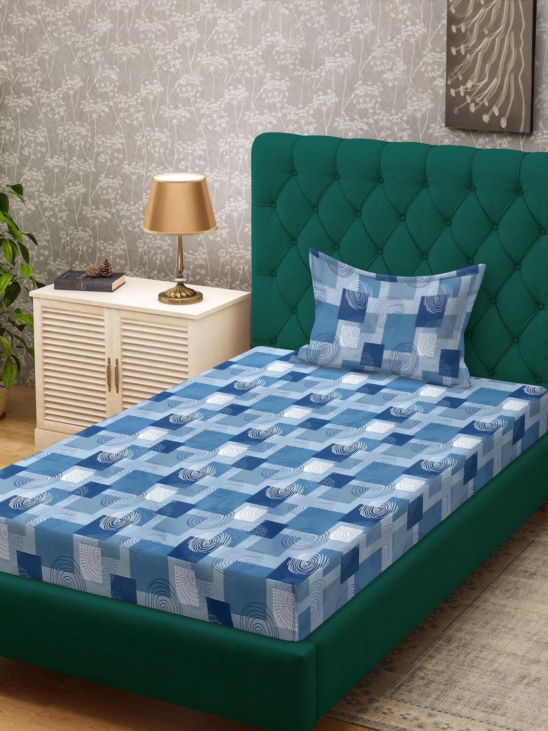KLOTTHE Blue Geometric Cotton Single Bedsheets