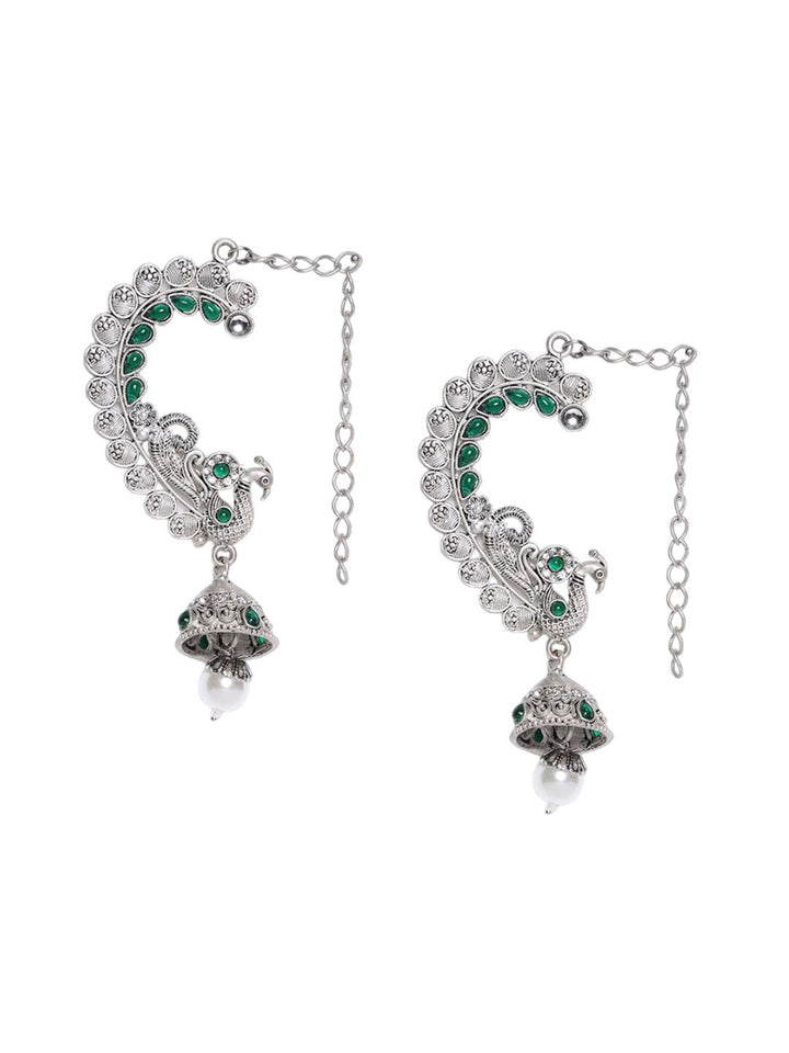 PANASH Silver Plated Peacock Shaped Oxidized Ear Cuffs Jhumka Earrings
