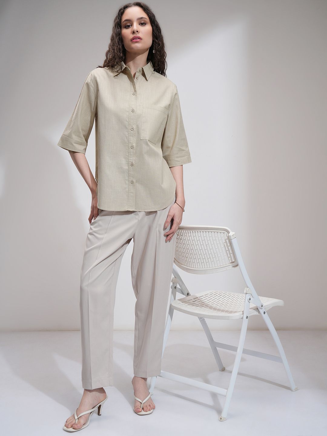 Tokyo Talkies Women Solid Button Down Longline Cotton Shirt