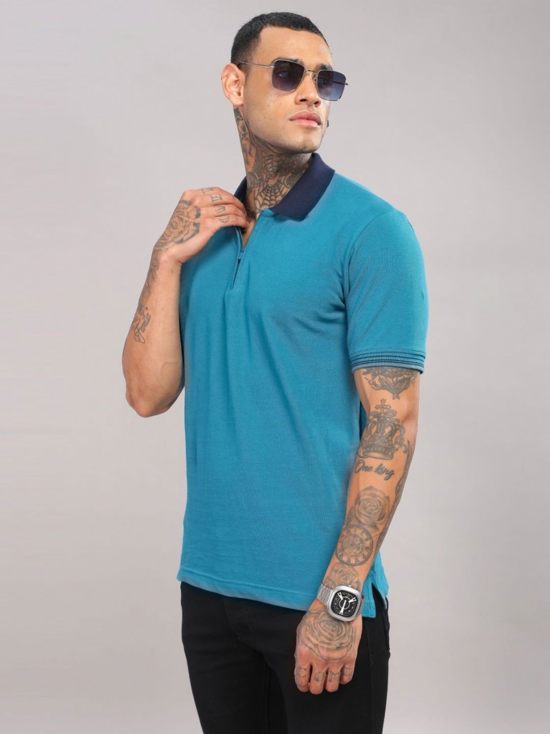 ADRO Men Solid Polo Collar Cotton T-shirt