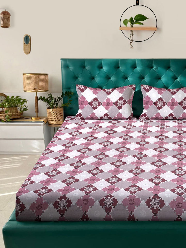 Myntra Elegant Homes Pink Geometric Fitted 400 TC Cotton Set Cadar King 2.50 m x 2.25 m