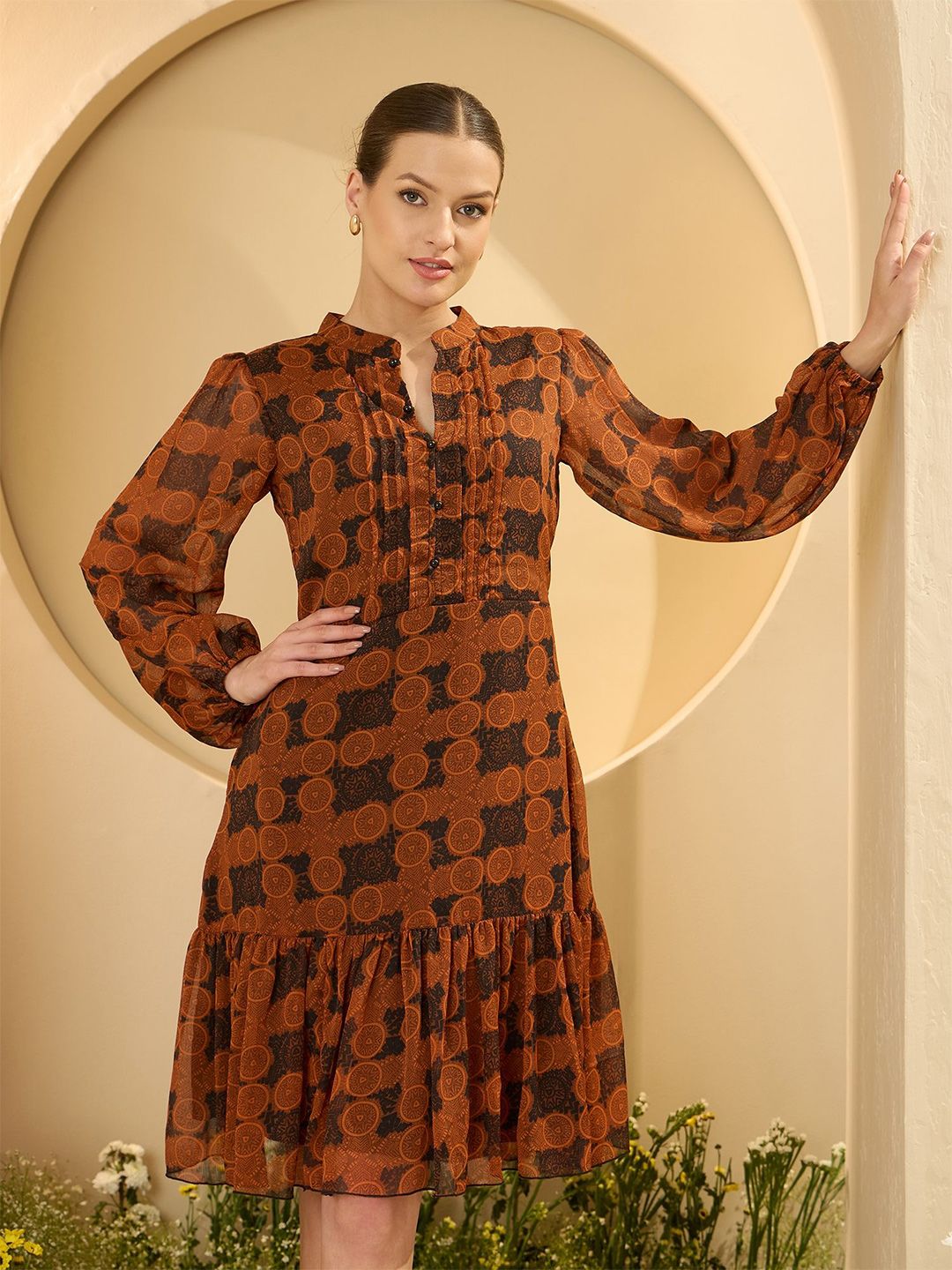 Antheaa Women Floral Print Bell Sleeve Chiffon A-Line Dress