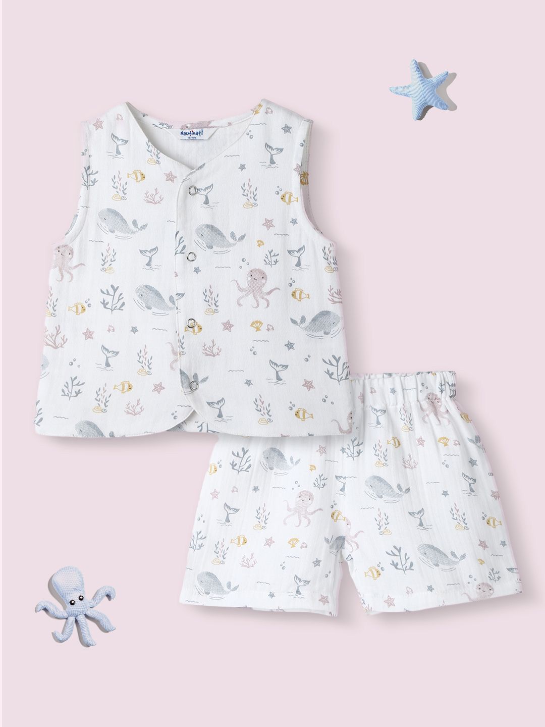 Nauti Nati Boys Printed Pure Cotton Jhabla With Shorts