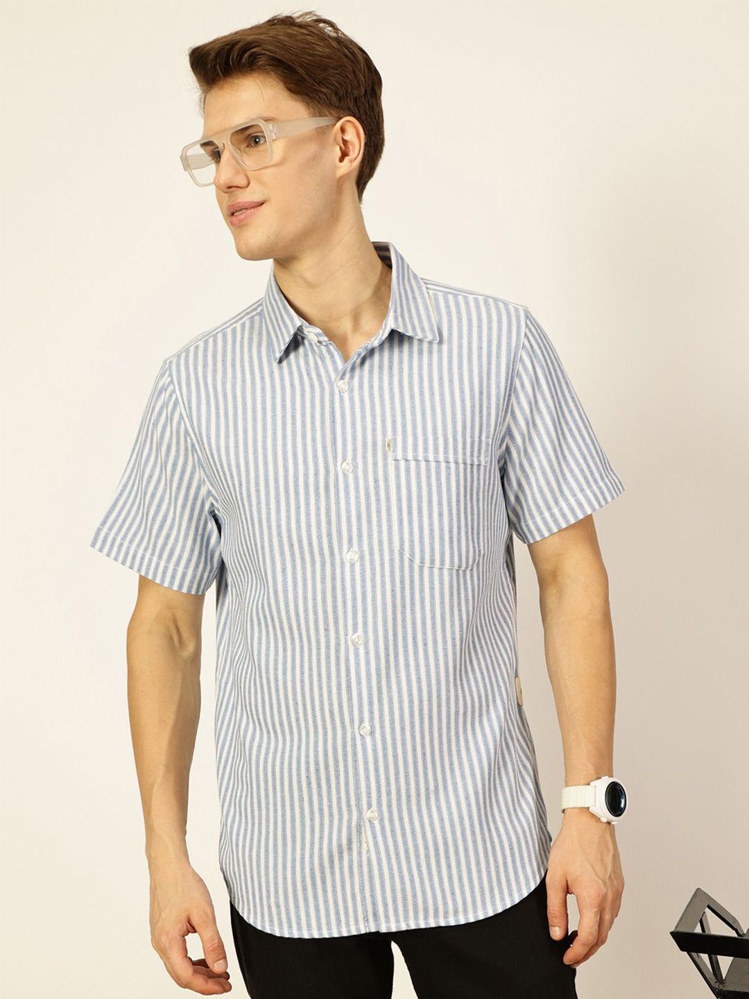 Thomas Scott Men Classic Spread Collar Vertical Striped Cotton Slim Fit Casual Shirt