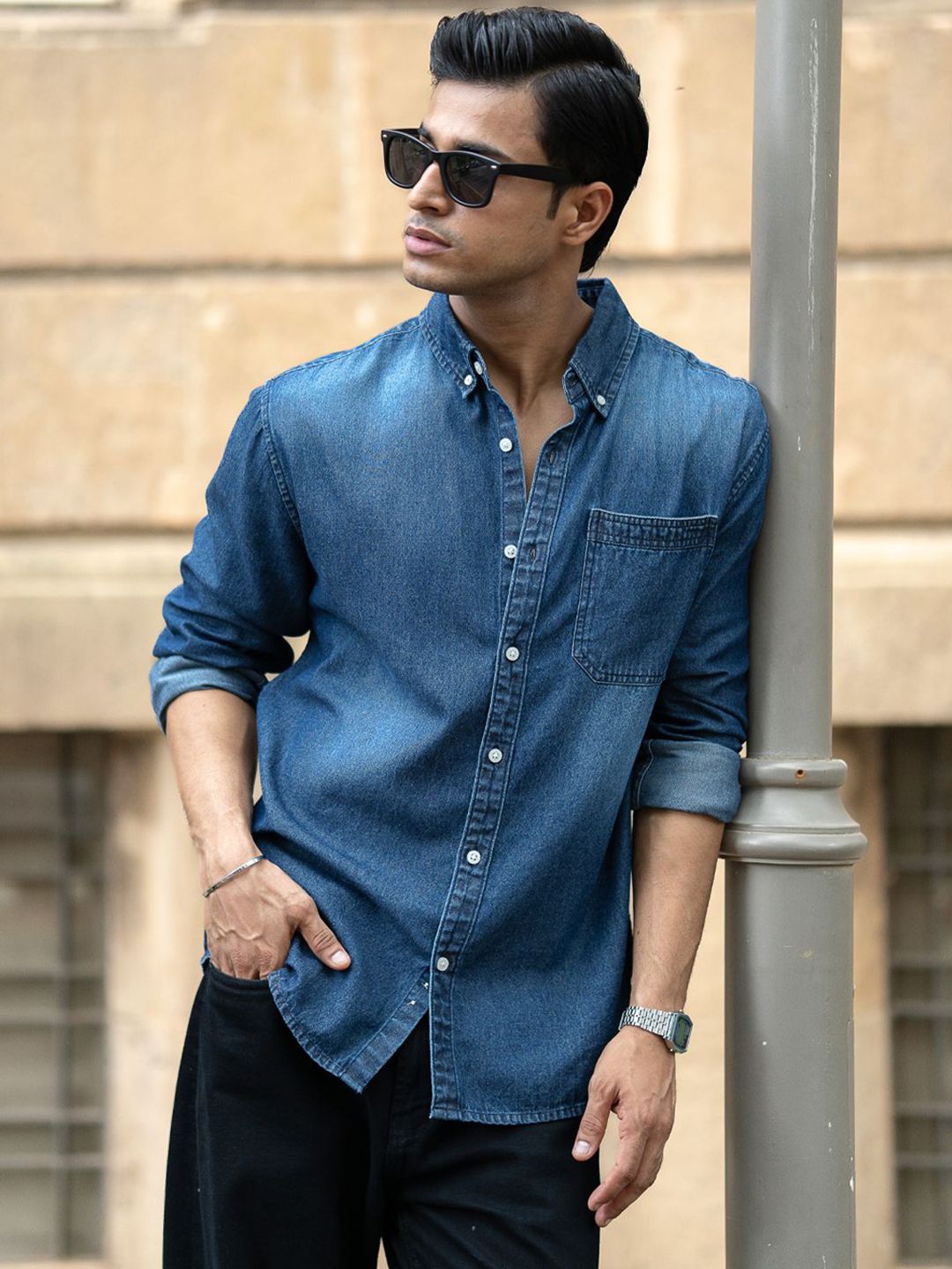 Powerlook Spread Collar Long Sleeves Denim Shirt