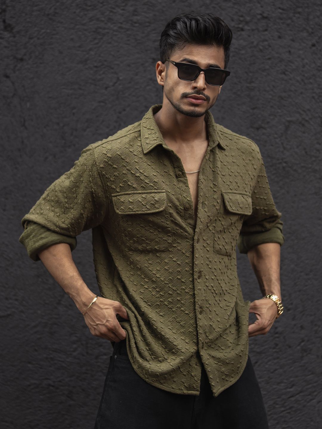 Powerlook Men Spread Collar Textured Relaxed Fit Casual Shirt