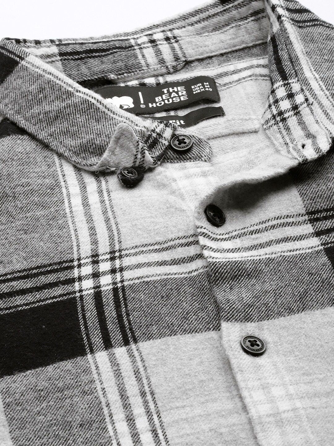 THE BEAR HOUSE Men Grey & Black Pure Cotton Classic Slim Fit Checked Casual Flannel Shirt