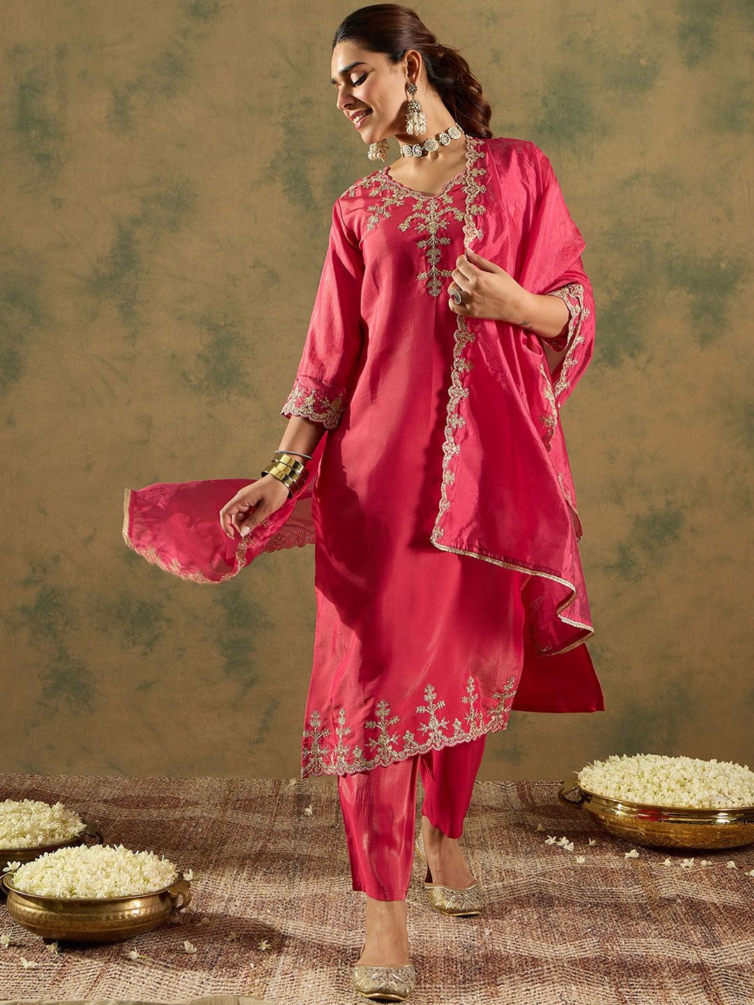 Indo Era Floral Embroidered Kurta With Trousers & Dupatta