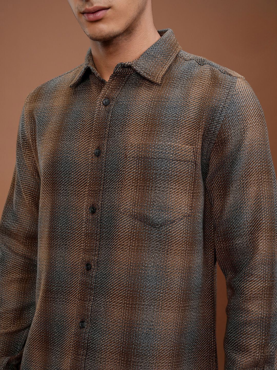 HIGHLANDER Men Rose Gold Tarton Check Casual Slim Fit Shirt