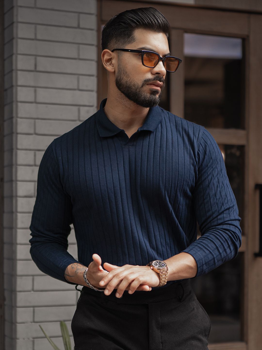 Powerlook Men Self Design Polo Collar Cotton T-shirt
