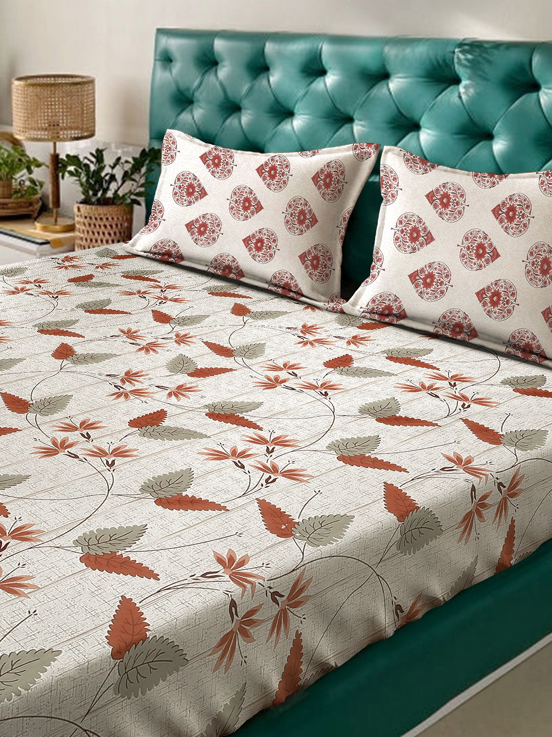 Myntra Elegant Homes Beige Floral Fitted 400 TC Cotton King Bedsheet Set 2.50 m x 2.25 m