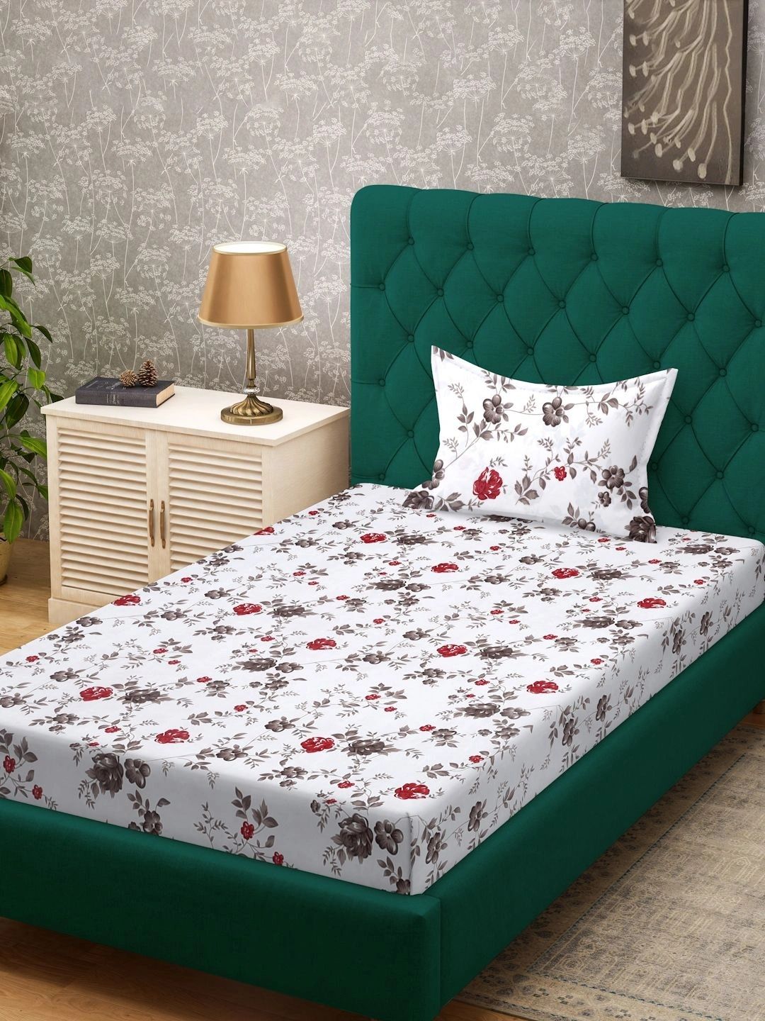 Myntra Elegant Homes White Floral 300 TC Single Bedsheet with 1 Pillow Covers
