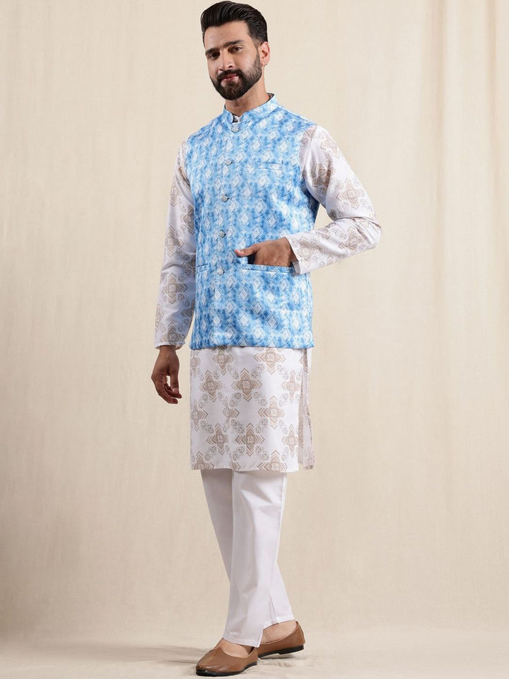 Anouk Geometric Printed Linen Straight Kurta With Pyjamas & Nehru Jacket