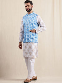 Anouk Geometric Printed Linen Straight Kurta With Pyjamas & Nehru Jacket