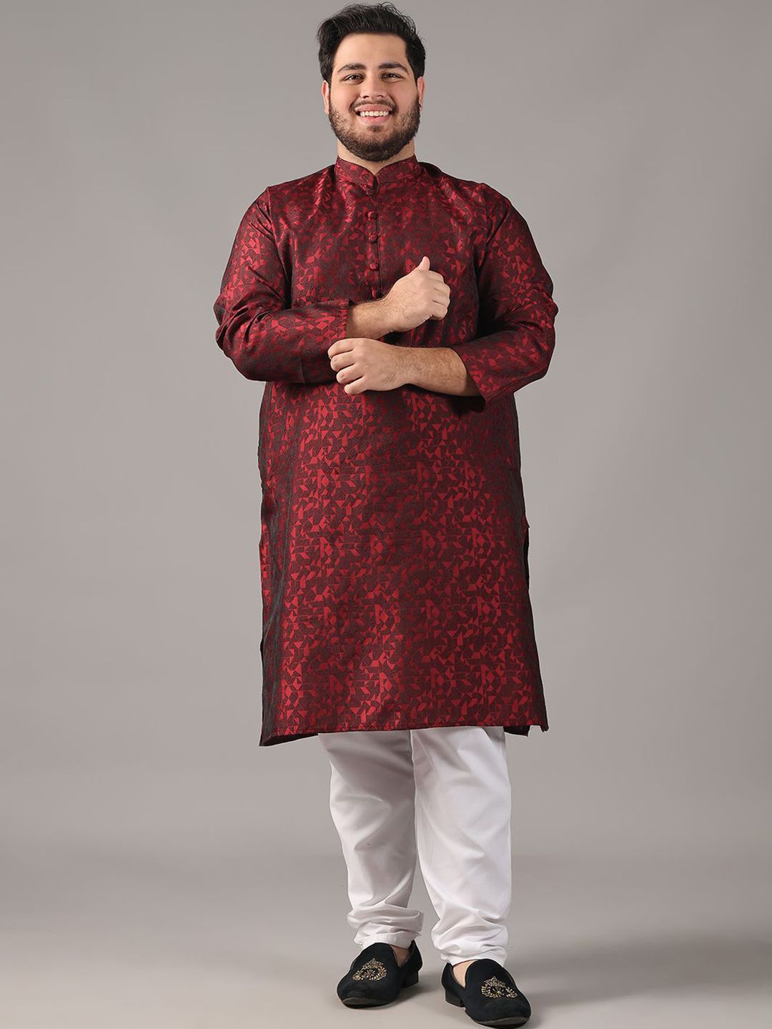 SOJANYA PLUS Size Geometric Woven Design Mandarin Collar Straight Kurta