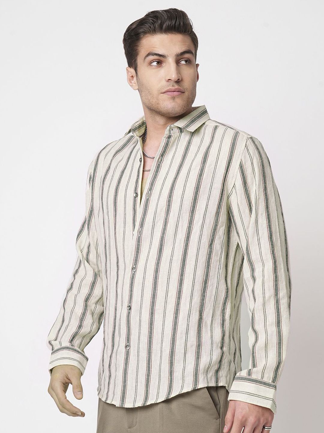 VASTRADO Classic Vertical Striped  Slim Fit Burlap Cotton Casual Shirt