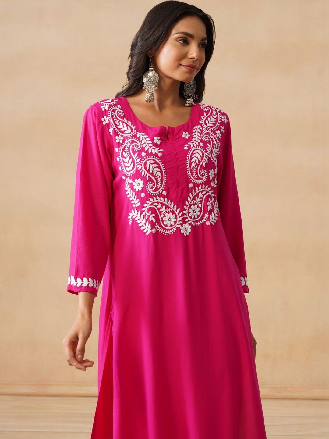 House of Chikankari Women Fuchsia 2 Helai Kurta Biasa dengan Set Seluar