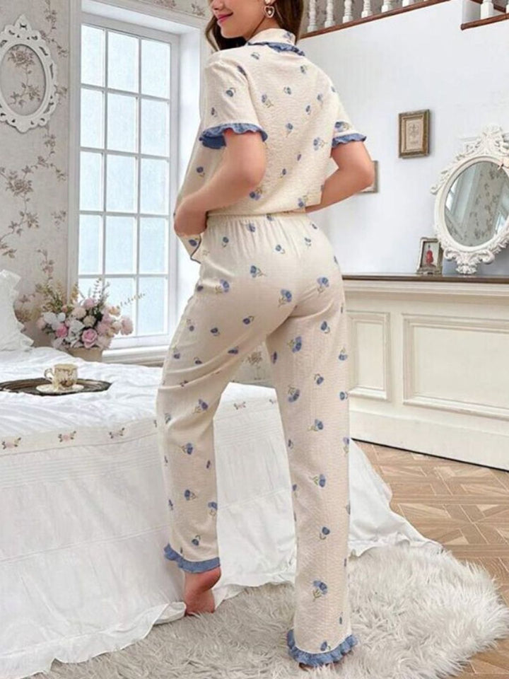 DressBerry Women Floral Printed Lapel Collar Shirt Pyjamas Night suit