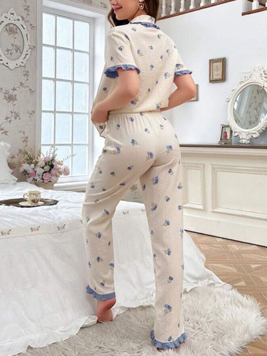 DressBerry Women Floral Printed Lapel Collar Shirt Pyjamas Night suit