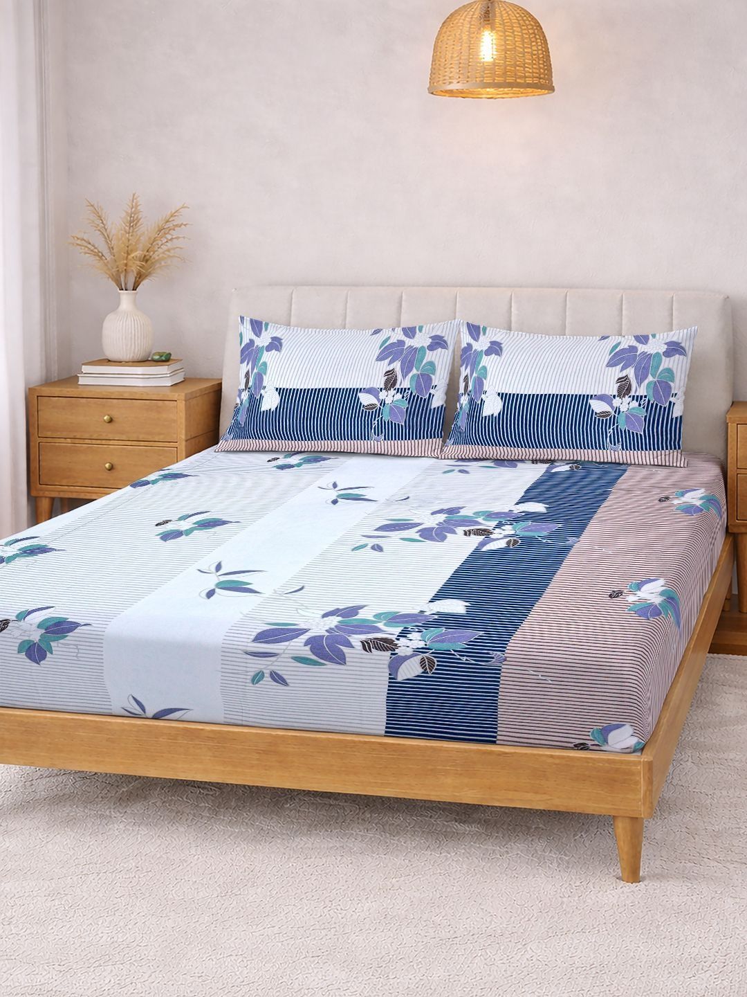 Myntra Elegant Homes Multicoloured Floral 300 TC King Bedsheet with 2 Pillow Covers