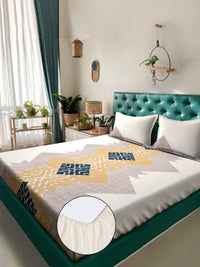 KLOTTHE Cream Geometric Printed Fitted 300 TC Double King Bedsheet With 2 Pillow Cover