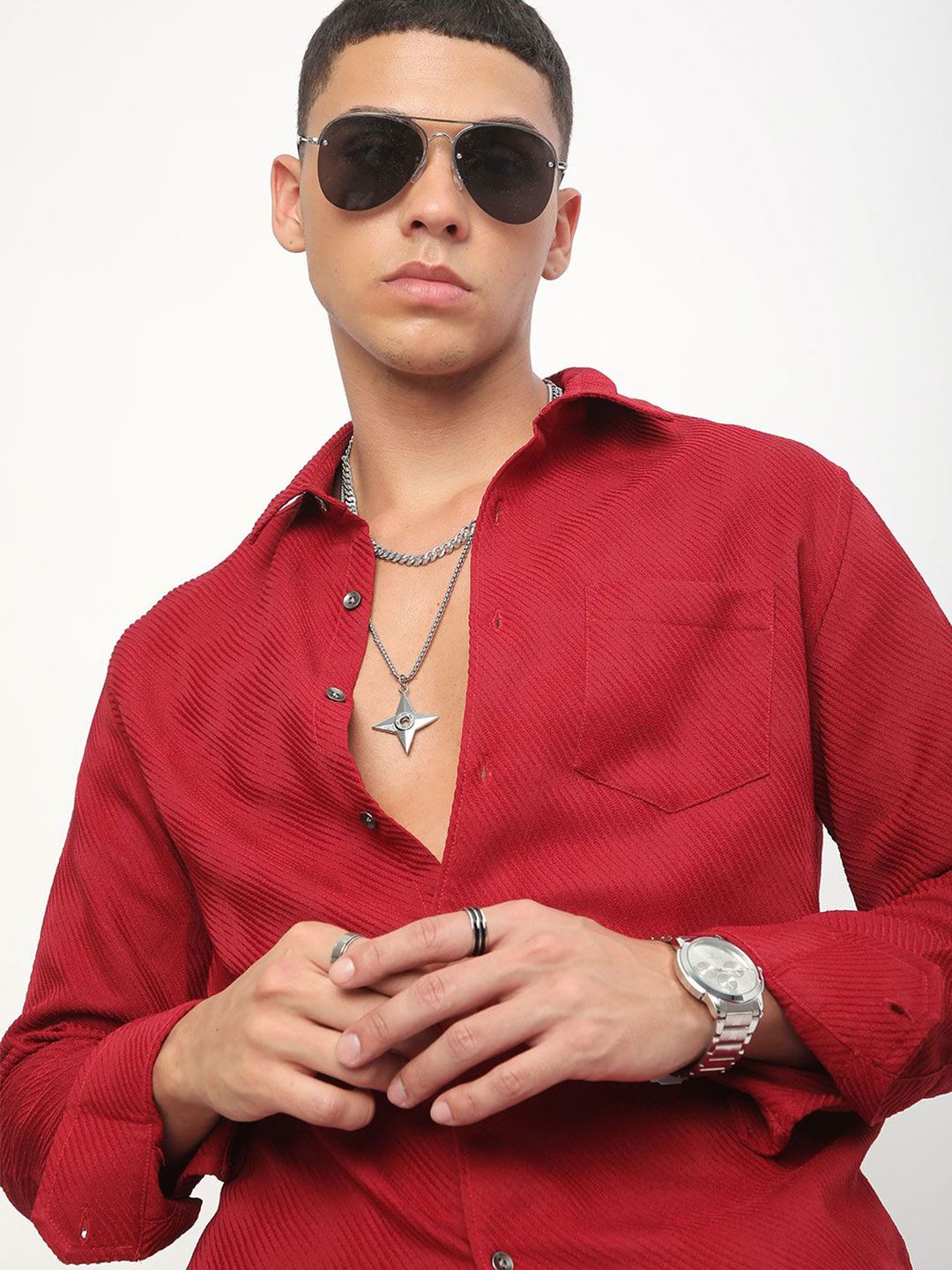 VASTRADO Men Classic Spread Collar Textured Slim Fit Casual Shirt