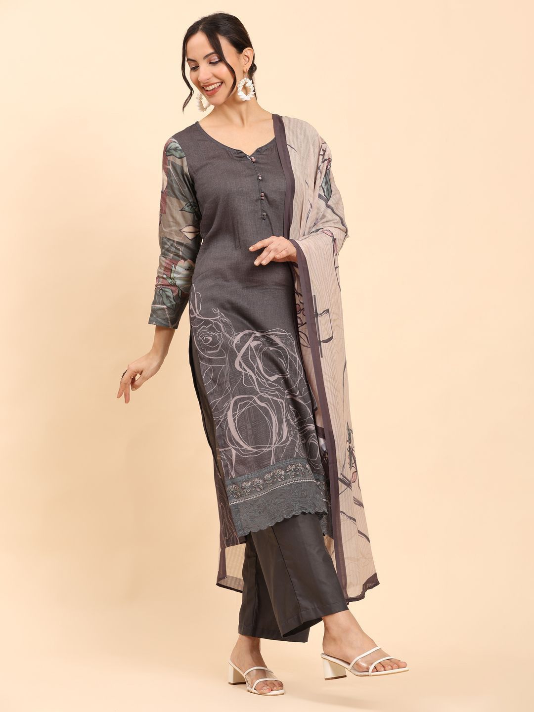 Kurta Bercetak Bunga Mamicha Wanita Dengan Seluar Dan Dupatta