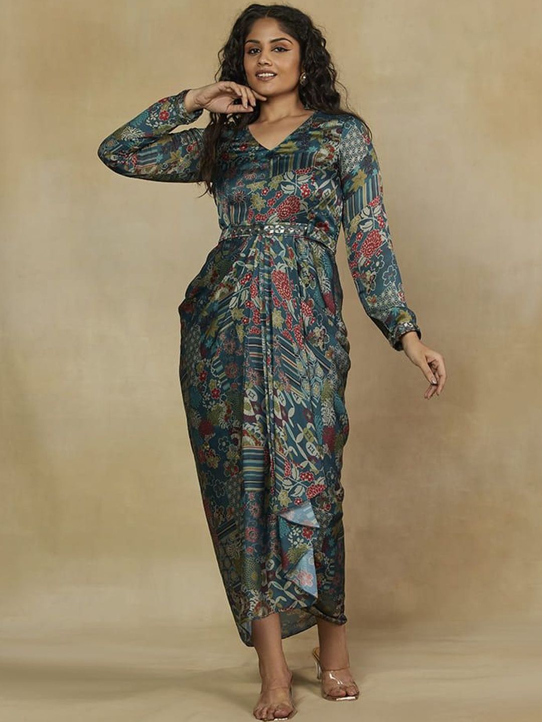 Mamicha Ethnic Motifs Print Satin Maxi Dress