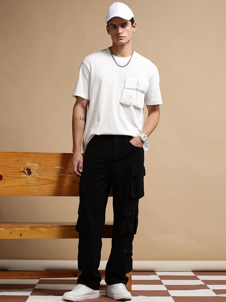 Eszett Men Black High-Rise Baggy Seluar Mudah Dicuci Cargos