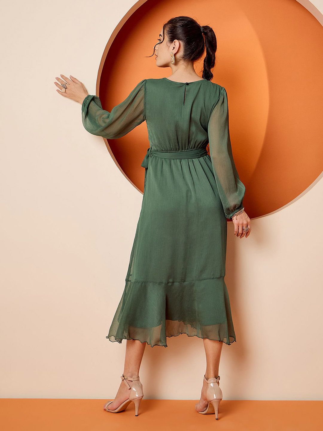 Antheaa Puff Sleeve Chiffon Embroidered A-Line Midi Dress