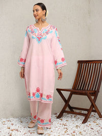 HOUSE OF KARI Floral Embroidered Thread Work Falak Kashmiri Straight Kurta With Trousers
