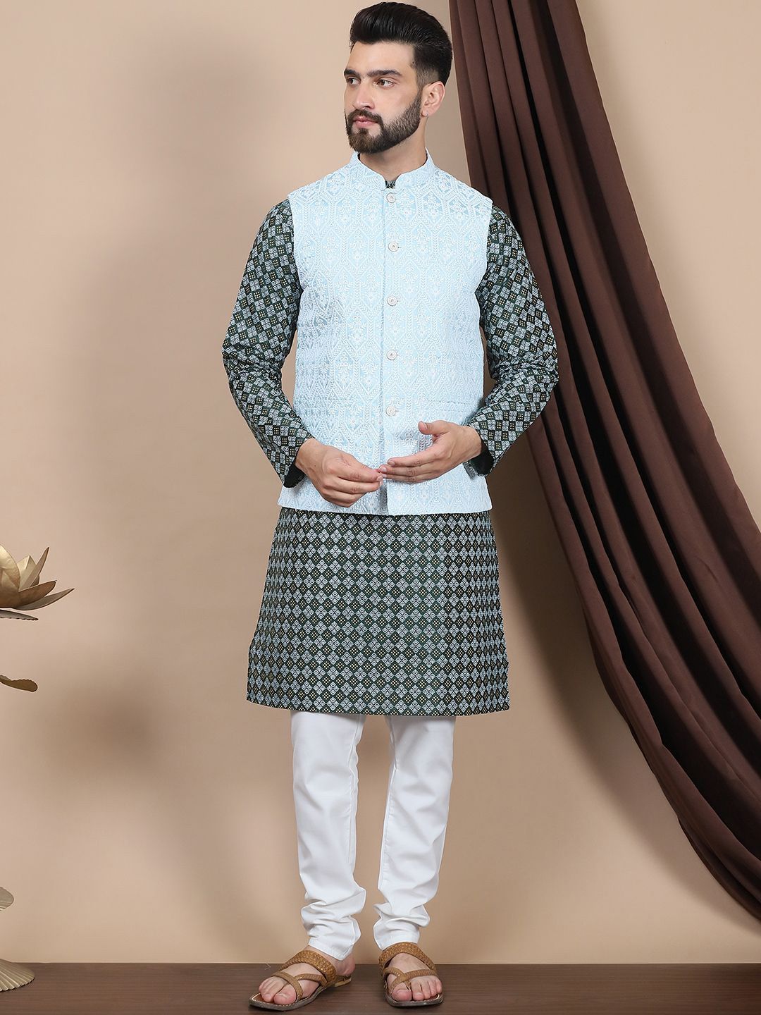 Anouk Green Ethnic Motifs Printed Straight Kurta with Churidar