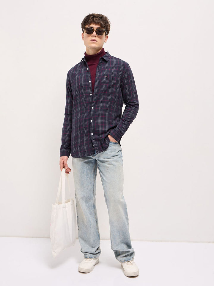 THE BEAR HOUSE Men Spread Collar Tartan Checked Slim Fit Shirt