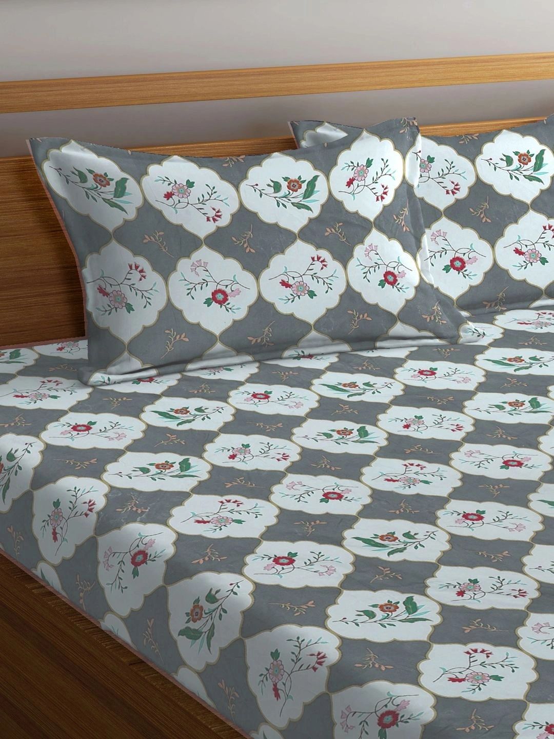 Myntra Elegant Homes Grey Floral 300 TC Super King Double Bedsheet dengan 2 Sarung Bantal