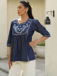 House of Chikankari Chikankari Solid Women's Ladder Lace Work- Dark Blue Tops