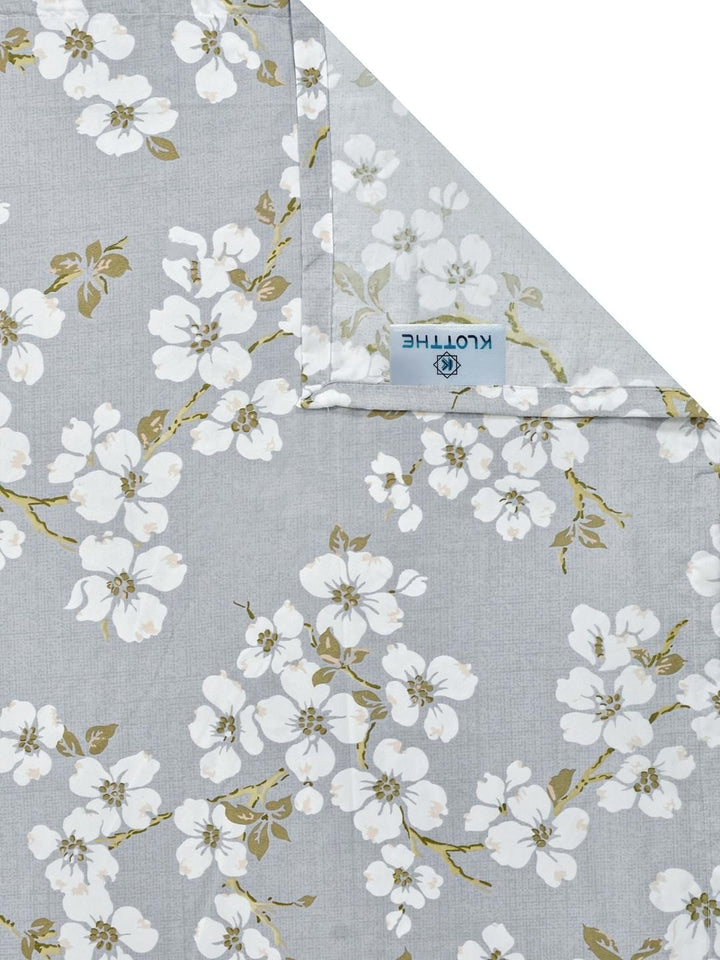 KLOTTHE Grey & White Floral 300 TC Single Bedsheet with 1 Pillow Covers