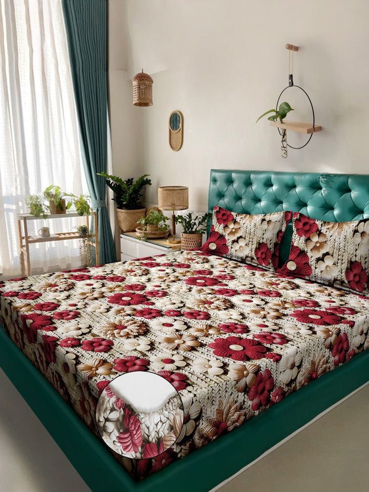 Myntra Elegant Cream Floral Printed Dilengkapi 300 TC King 7D Cadar & 2 Sarung Bantal