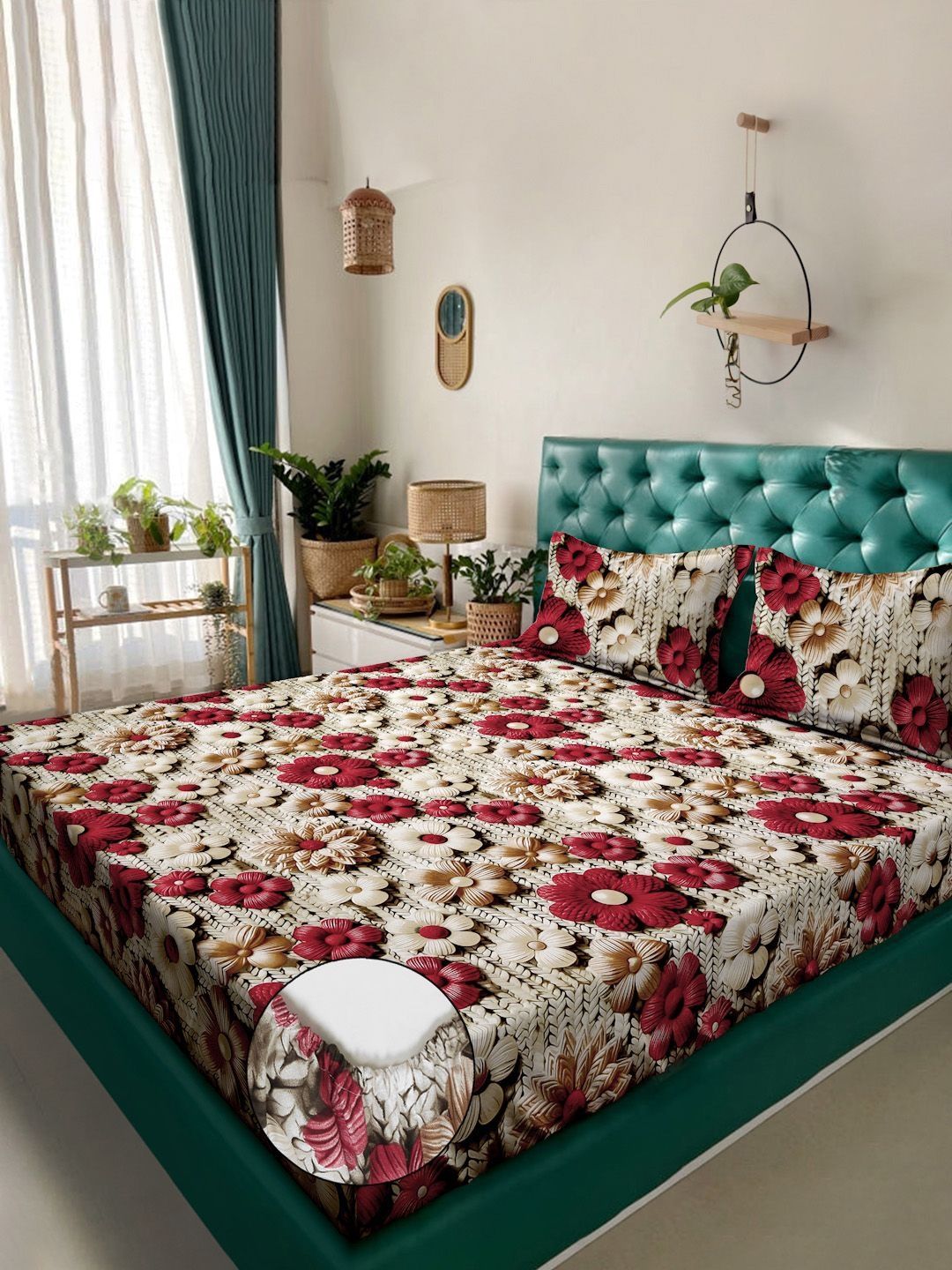 Myntra Elegant Cream Floral Printed Dilengkapi 300 TC King 7D Cadar & 2 Sarung Bantal